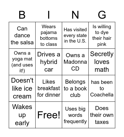 Find Someone Who! Bingo Card
