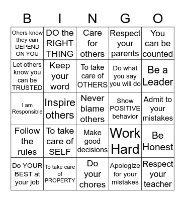 RESPONSIBILITY Bingo Card