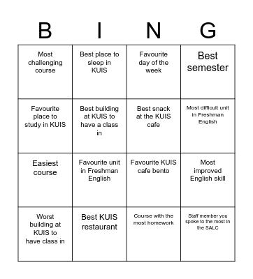 Last Class Bingo Card