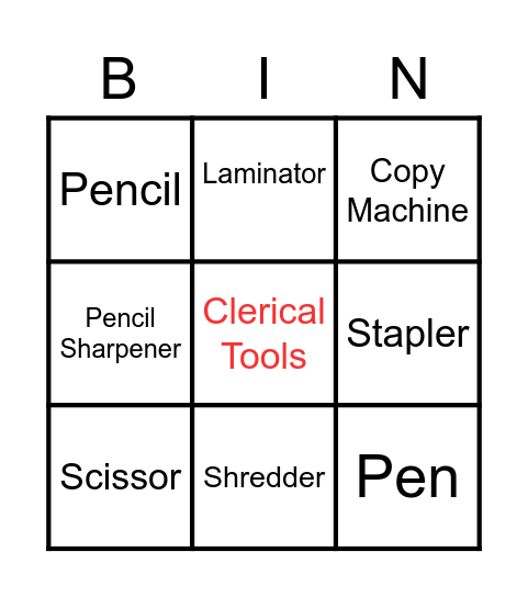 Clerical Tools Bingo Card