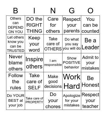 RESPONSIBILITY Bingo Card