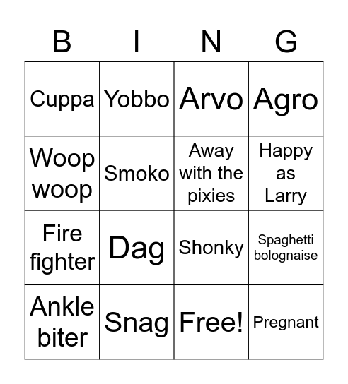 Aussie Lingo Bingo Card