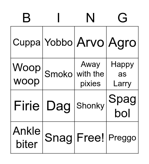 Aussie Lingo Bingo Card