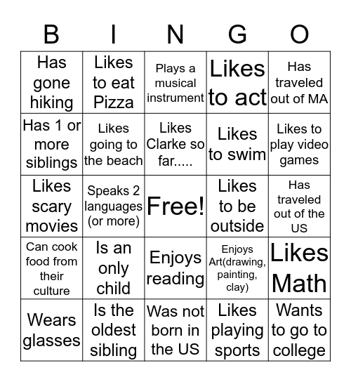 Getting to know eachother Bingo Card