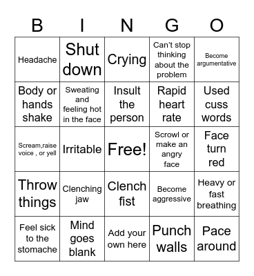Anger Warning Signs Bingo Card