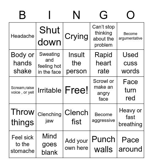 Anger Warning Signs Bingo Card