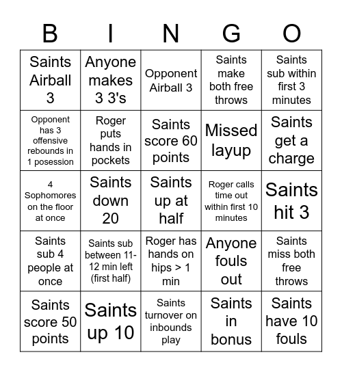 Basketball BINGO Card