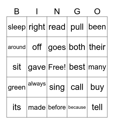 Sight Words Bingo Card
