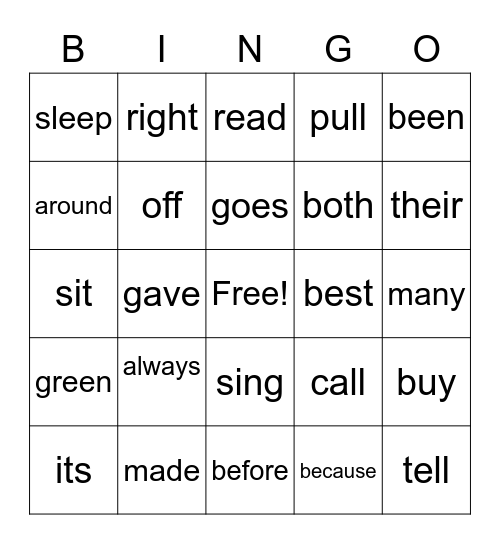 Sight Words Bingo Card