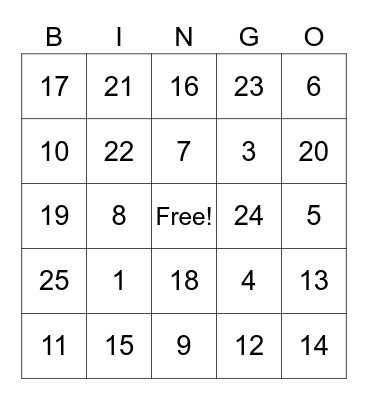Number Recognition Bingo Card
