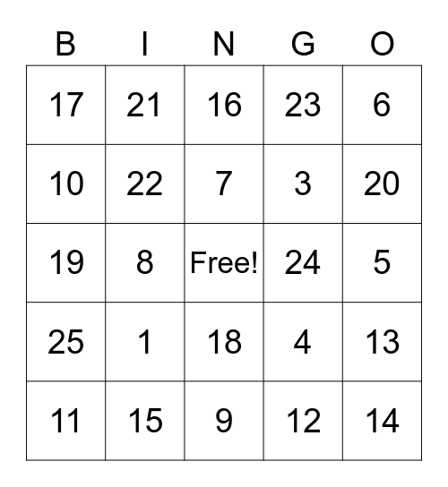 Number Recognition Bingo Card