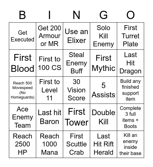 League Bingo Lockout Bingo Card