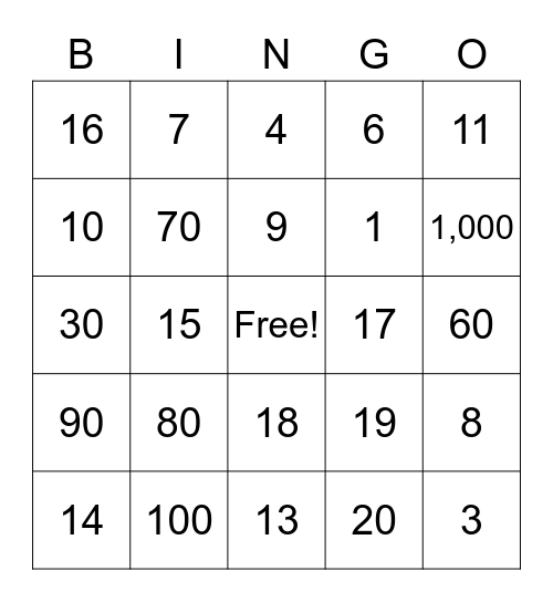 Numbers Bingo Card