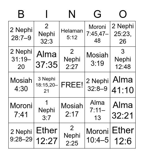 Book of Mormon Scripture Mastery Bingo Card