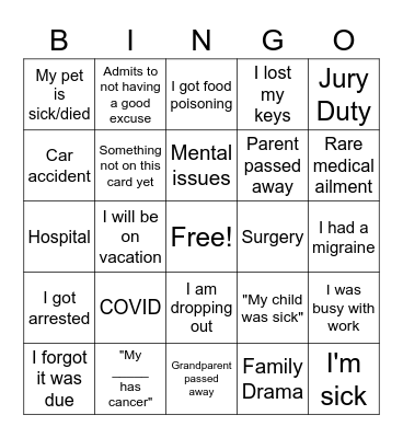 Student Excuse Bingo Card