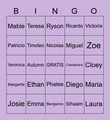 BINGO de Nombres (SPAN 1101: Spring 23) Bingo Card