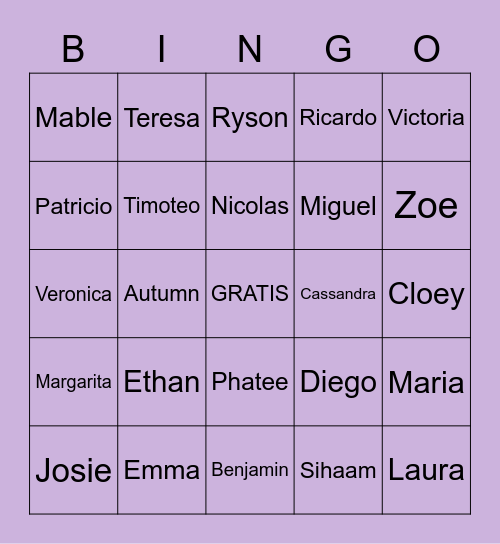 BINGO de Nombres (SPAN 1101: Spring 23) Bingo Card