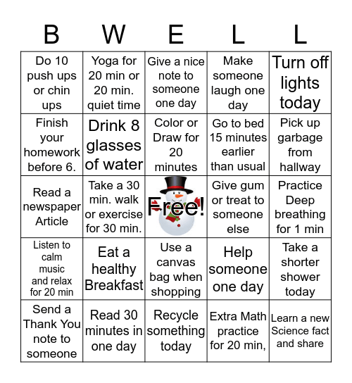 Wellness Bingo Card