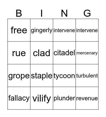 vocabulary week 4 Bingo Card