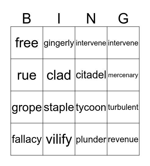 vocabulary week 4 Bingo Card