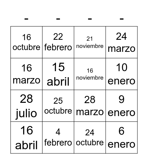 Mi cumpleaños es ____ de ________ Bingo Card