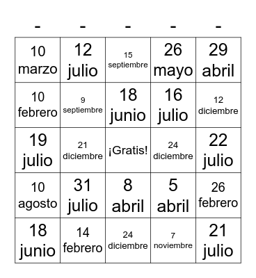 Mi cumpleaños es ____ de __________ Bingo Card