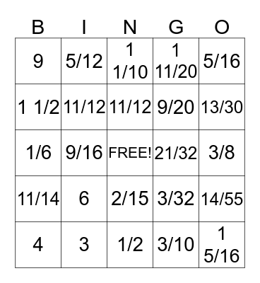 Fraction Bingo Card