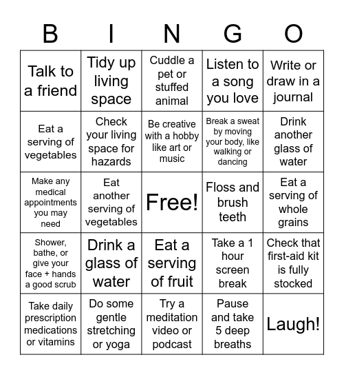 Daily Self-Care Bingo Card