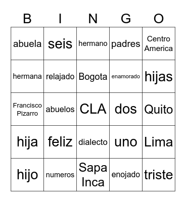 Spanish 1 Bingo Card