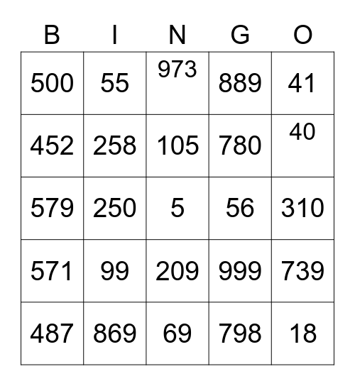 NUMEROS 0-999 Bingo Card