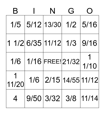 Fraction Bingo Card