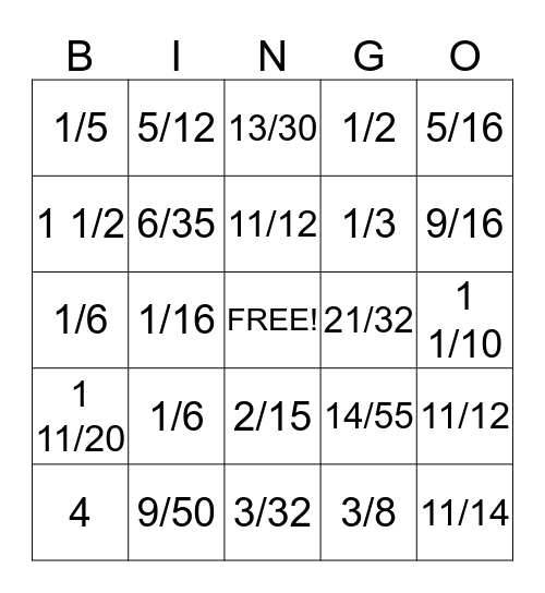 Fraction Bingo Card