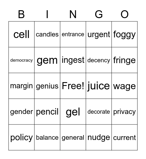 Soft and Hard G and C words Bingo Card