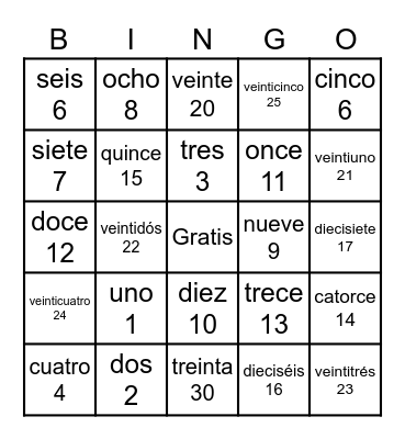 Numeros de Bingo Card