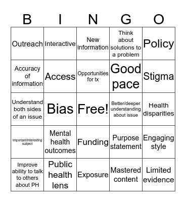 Public Health BINGO! Bingo Card