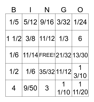Fraction Bingo Card