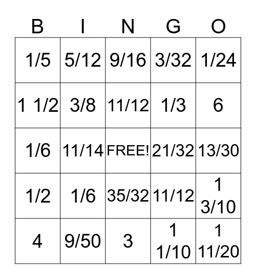 Fraction Bingo Card
