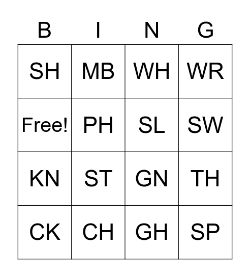 Consonant Digraphs Bingo Card