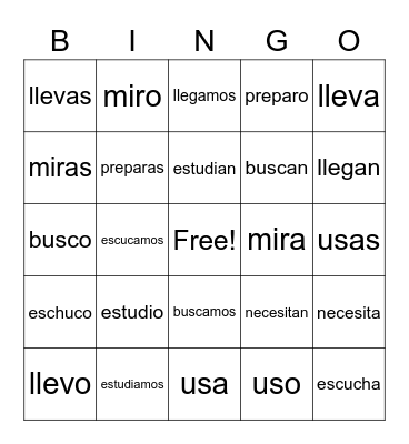 ar verbs Bingo Card