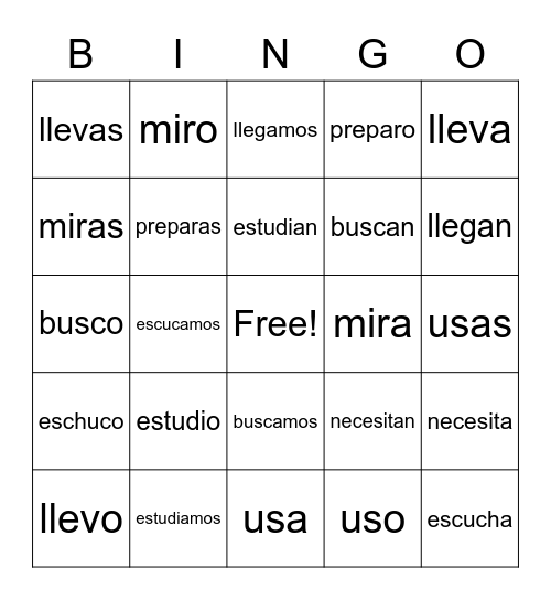 ar verbs Bingo Card