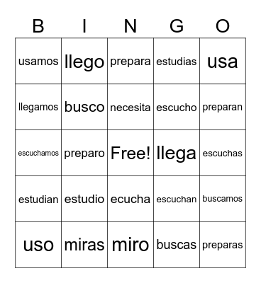 AR Verbs Bingo Card