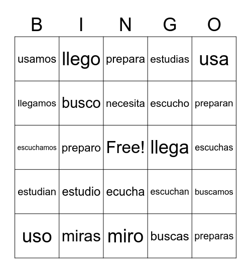 AR Verbs Bingo Card