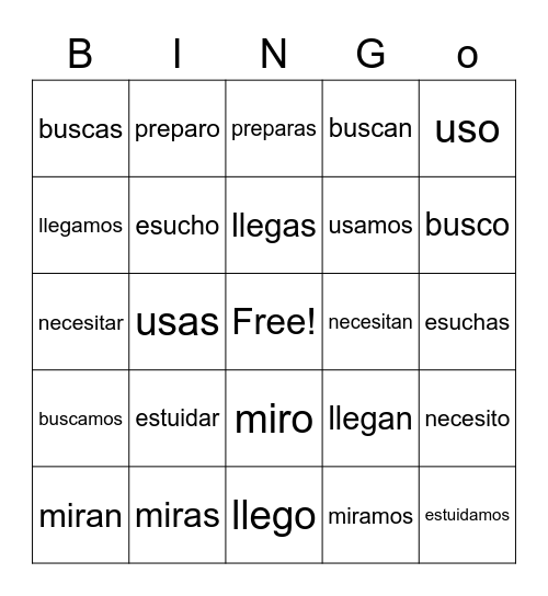 Using verbs Bingo Card