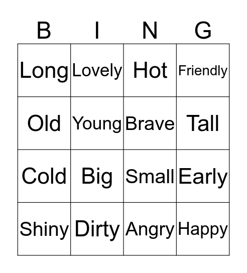 Superlative Adjective Bingo Card