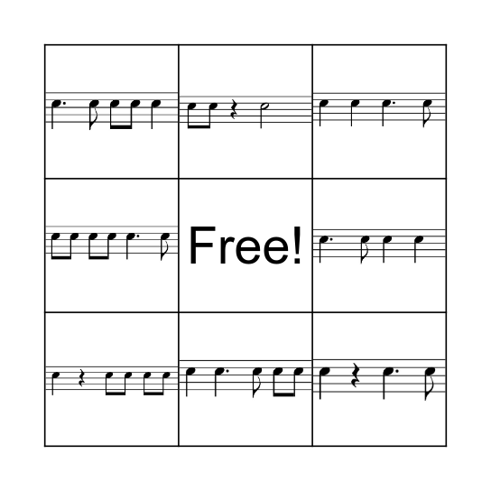 Rhythm Bingo Dotted Quarter Notes Bingo Card