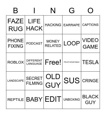 YOUTUBE SHORTS Bingo Card