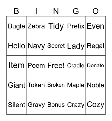 Open Syllables Bingo Card