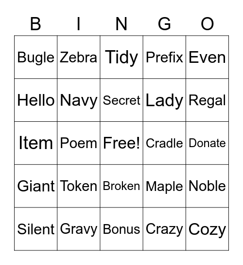 Open Syllables Bingo Card