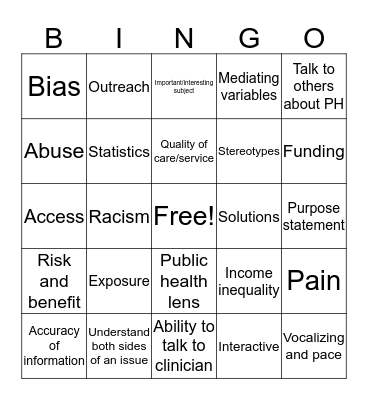Public Health BINGO! Bingo Card