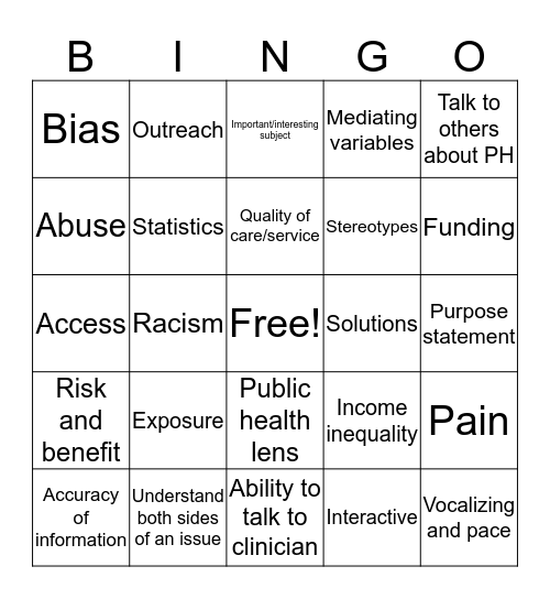 Public Health BINGO! Bingo Card